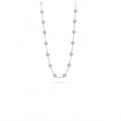 VAN CLEEF ARPELS VINTAGE ALHAMBRA LONG NECKLACE, 20 MOTIFS - WHITE GOLD, CHALCEDONY  VCARD80900
